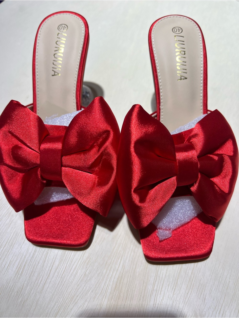 Red Satin Bow Slide Sandals - Women